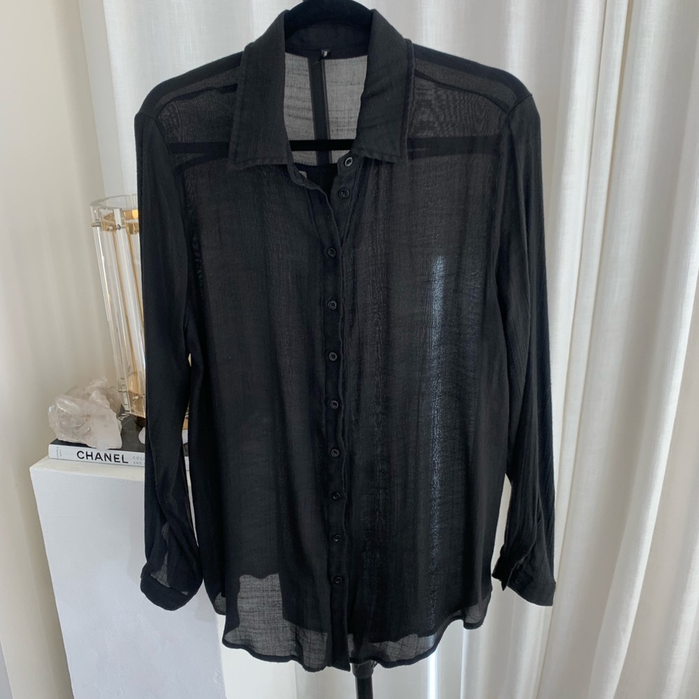 Sheer Black Button-Up Linen Top